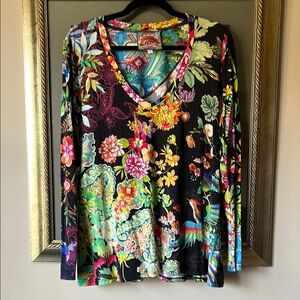 Johnny Was Black Dreamer Favorite Long Sleeve V-neck Swing Top Shirt Tee Medium